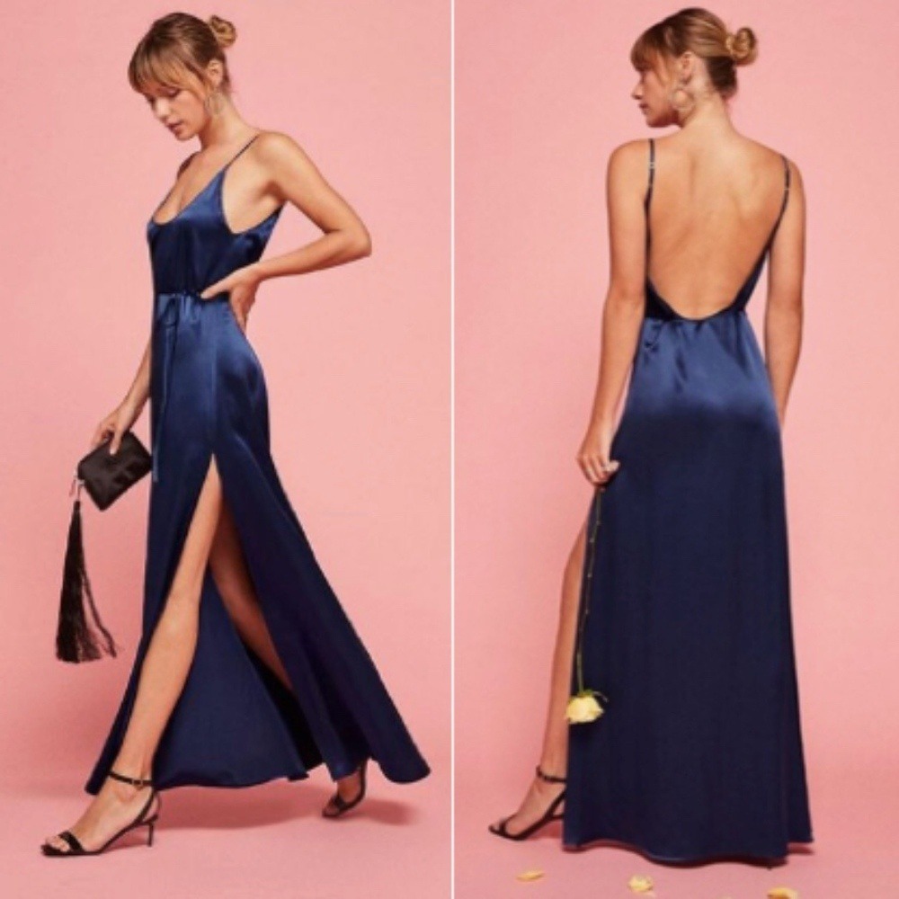 Reformation 100% Silk Iris Maxi Gown Navy Scoop Back Maxi Slip Dress Small - Picture 3 of 7